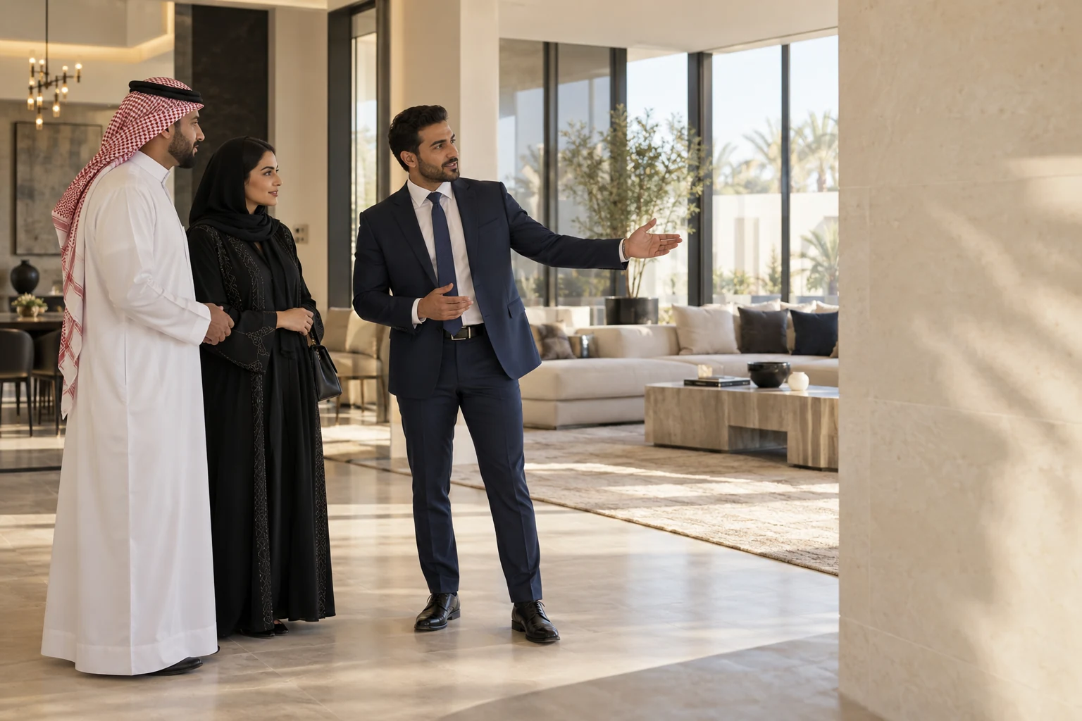 A real estate agent showing a couple a contemporary villa